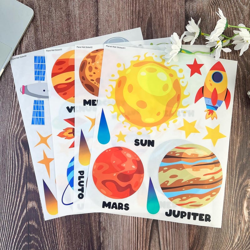 CharmFlo Outer Space Wall Decals 4 Sheets 58 Pcs Planets, Rocket & Astronaut Wall Stickers Removable Nursery Decor for Kids Bedroom, Playroom, Classroom Peel & Stick Space Theme Decals for Boys Girls - Image 5